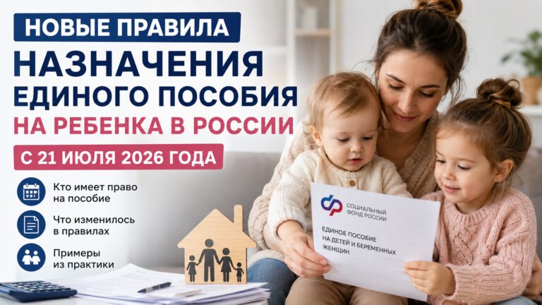 Единое пособие на детей в 2026 году: новые правила и как не получить отказ Главное: с 1 января 2026 года минимальный доход каждого трудоспособного члена семьи для получения единого пособия вырос с 4 до 8 МРОТ — это 216 744 рубля за расчётный период. При этом расширен перечень уважительных причин отсутствия дохода, изменён порядок учёта алиментов, а для многодетных семей введены послабления. Разбираем, как не потерять выплату. Что изменилось с 1 января 2026 года С 2026 года правила назначения единого пособия для семей с детьми до 17 лет и беременных женщин, вставших на учёт в ранние сроки, существенно скорректированы Постановлением Правительства РФ от 28.11.2025 № 1928. Ключевые изменения: Порог дохода вырос с 4 до 8 МРОТ. Теперь для возникновения права на пособие каждый трудоспособный член семьи должен иметь доход не менее 216 744 рублей за расчётный период (12 месяцев). МРОТ с 1 января 2026 года составляет 27 093 рубля. Из состава доходов исключены единовременные материальные выплаты от работодателя при рождении или усыновлении ребёнка. Пособие по временной нетрудоспособности теперь учитывается как доход, связанный с трудовой деятельностью, а не как социальная выплата. Изменён порядок учёта алиментов — с 1 марта 2026 года для родителей в разводе, не имеющих судебного решения об алиментах, суммы рассчитываются исходя из средней зарплаты в регионе. Расширен перечень уважительных причин отсутствия дохода — теперь получение пенсии по старости, по случаю потери кормильца или по инвалидности (не менее 10 месяцев расчётного периода) также является уважительной причиной. Кому положено единое пособие: базовые условия Единое пособие назначается на условиях комплексной оценки нуждаемости семьи. Выплата положена, если одновременно соблюдаются следующие условия: Среднедушевой доход не превышает регионального прожиточного минимума на душу населения; Имущество семьи соответствует установленным критериям (количество квартир, автомобилей, земельных участков и т.д.); Заявитель и дети — граждане РФ, постоянно проживающие в России; Взрослые члены семьи имеют заработок или объективные причины для его отсутствия. Пособие назначается на каждого ребёнка до 17 лет. Обратиться за выплатой может один из родителей, усыновитель или опекун. Размер пособия: 50%, 75% или 100% прожиточного минимума Размер выплаты зависит от дохода семьи и рассчитывается от регионального прожиточного минимума на ребёнка: 50% — базовый размер; 75% — если при базовом размере среднедушевой доход всё ещё ниже прожиточного минимума; 100% — если при размере 75% среднедушевой доход остаётся ниже прожиточного минимума на человека. Например, в Московской области при прожиточном минимуме на ребёнка 19 677 рублей пособие составит от 9 838 до 19 677 рублей. Уважительные причины отсутствия дохода: полный список Требование к наличию дохода в размере не менее 8 МРОТ не применяется или может быть уменьшено при наличии уважительных причин. Если в течение 10 и более месяцев расчётного периода у члена семьи была уважительная причина, требование о 8 МРОТ не применяется вовсе. Перечень уважительных причин в 2026 году: Уход за ребёнком до 3 лет; Уход за ребёнком с инвалидностью до 18 лет; Уход за нетрудоспособным человеком; Очное обучение до 23 лет; Лечение более 3 месяцев; Срочная служба в армии; Учёт по безработице (до 6 месяцев); Получение пенсии по старости, по случаю потери кормильца или по инвалидности (не менее 10 месяцев). Важное уточнение с 21 июля 2026 года: уважительной причиной считается уход за инвалидами I группы и гражданами старше 80 лет, которые являются членами семьи заявителя (родители, бабушка, дедушка, братья, сёстры, супруг или супруга). Ранее допускался уход за любым нетрудоспособным человеком. Новые правила учёта алиментов с 1 марта 2026 года Если родители в разводе и алименты не взысканы через суд, с 1 марта 2026 года их размер определяется исходя из среднемесячной номинальной зарплаты в регионе за предыдущий год: На одного ребёнка — 1/4 средней зарплаты в регионе; На двух детей — 1/3 средней зарплаты; На трёх и более детей — 1/2 средней зарплаты. Если же алименты установлены судом, в доход семьи засчитываются только фактически перечисленные суммы. Послабления для многодетных семей с 22 мая 2026 года С 22 мая 2026 года вступили в силу изменения, закреплённые Федеральным законом от 20.02.2026 № 29-ФЗ и Постановлением Правительства РФ от 20.04.2026 № 440. Что изменилось: Право на единое пособие сохраняется, если среднедушевой доход семьи с тремя и более детьми превышает региональный прожиточный минимум не более чем на 10%; В этом случае выплата назначается в размере 50% от регионального прожиточного минимума на ребёнка; Правило применяется однократно в течение всего срока получения пособия; Льгота распространяется только на продление уже назначенного пособия, а не на первичное обращение; Заявление нужно подать в последнем месяце периода назначения или в течение трёх месяцев после окончания выплаты. Обратная сила: Социальный фонд автоматически пересматривает отказы, вынесенные с 1 января 2026 года, если единственной причиной отказа стало незначительное превышение дохода. Новое заявление подавать не нужно — уведомление появится в личном кабинете на «Госуслугах». По оценкам Минтруда, нововведение позволит дополнительно поддержать около 74 тысяч многодетных семей, в которых воспитываются более 230 тысяч детей. Почему отказывают в пособии: основные причины Чаще всего причины отказа связаны с формальными критериями программы: Доход семьи выше установленного прожиточного минимума; Несоответствие имущественным требованиям (наличие нескольких квартир, автомобилей и т.д.); Отсутствие подтверждённого дохода у трудоспособных членов семьи (нет 8 МРОТ и нет уважительной причины); Ошибки или неполные данные в заявлении. Информацию о причине отказа можно посмотреть в личном кабинете на Госуслугах или уточнить в отделении Социального фонда России. Как обжаловать отказ: пошаговая инструкция Шаг 1. Если отказ связан с ошибкой или неполными данными — проще всего исправить их и подать заявление заново. Например, добавить справку о доходах или уточнить состав семьи. Шаг 2. Подать жалобу в Социальный фонд. Обращение принимается: Через Госуслуги; Лично в клиентской службе СФР; Через МФЦ. В жалобе нужно указать данные заявителя, номер заявления, причину несогласия и приложить подтверждающие документы. Срок рассмотрения — до 15 рабочих дней. Шаг 3. Обратиться в суд. Если СФР не пересмотрел решение, заявитель вправе обратиться в суд. Это актуально при спорных расчётах дохода или неправильной оценке имущества. Важно: даже при отказе семья может повторно обратиться за пособием в любой момент, если изменилась ситуация — снизился доход, изменился состав семьи или устранены ошибки в заявлении. Как подать заявление: способы и сроки Подать заявление на единое пособие можно: Через портал «Госуслуги»; В МФЦ; В отделении СФР по месту жительства. Срок рассмотрения — 10 рабочих дней, в отдельных случаях — до 30 рабочих дней. Пособие назначается на 12 месяцев. По окончании этого срока необходимо подавать новое заявление — автоматически выплата не продлевается. Итог С 2026 года единое пособие стало адреснее: порог дохода вырос до 8 МРОТ, но одновременно расширены уважительные причины отсутствия дохода, изменён порядок учёта алиментов и введены послабления для многодетных семей. Если вы получили отказ из-за незначительного превышения дохода и у вас трое и более детей — проверьте личный кабинет на Госуслугах: Социальный фонд пересматривает такие решения автоматически